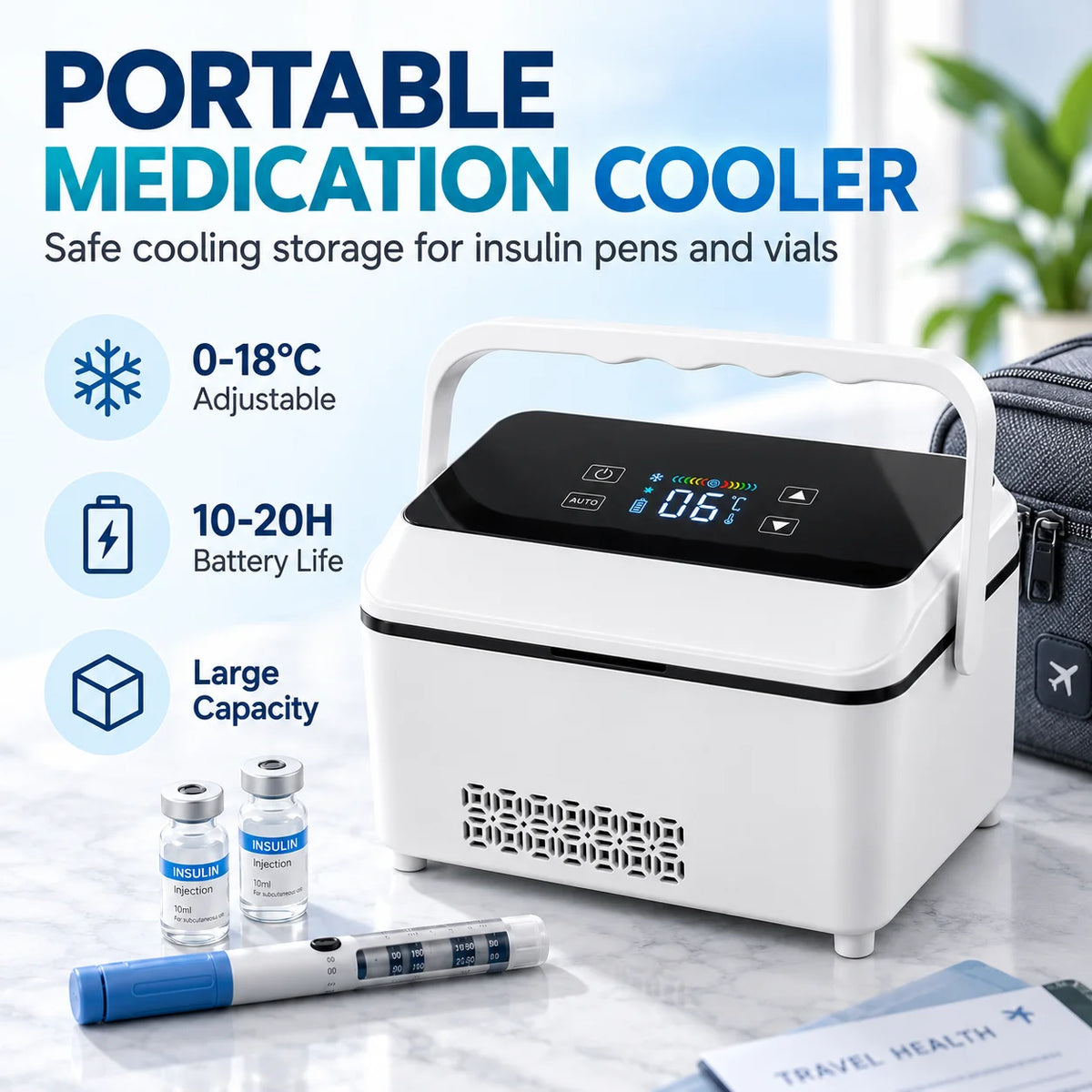 ZNLYRION Portable Medication Cooler 0-18°C Adjustable Insulin Refrigerator 13600mAh Battery Travel Insulin Fridge for Insulin Pens Vials Cartridges Home Car Power Bank Use