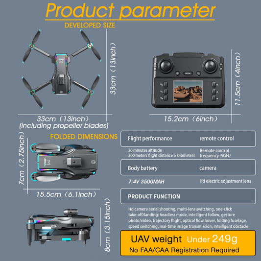 MAX Foldable Drone with 4.3" Screen Remote Control, Night Vision Obstacle Avoidance, Brushless Motor, Under 249g No FAA/CAA Registration Required