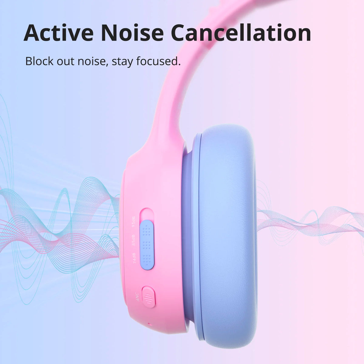 Tronsmart KH03 Active Noise Cancelling Kids Headphones, Foldable Bluetooth Headset with HD Mic for Class Clarity, Soft Protein Earpads, 7-Color LED, Safe Volume Limit, 70H Battery for Travel/Study