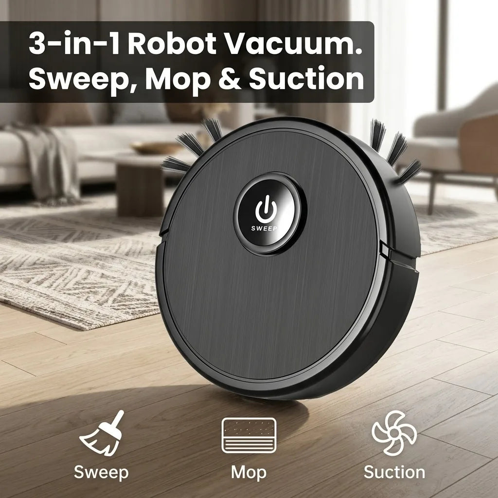 Robot Vacuum Cleaner 3-in-1 Sweeping Mopping Suction, 4.5cm Ultra-Slim Robotic Vacuum with 45dB Low Noise, Smart Obstacle Avoidance, USB Rechargeable Floor Cleaner for Hardwood Floor, Pet Hair, Home Gift