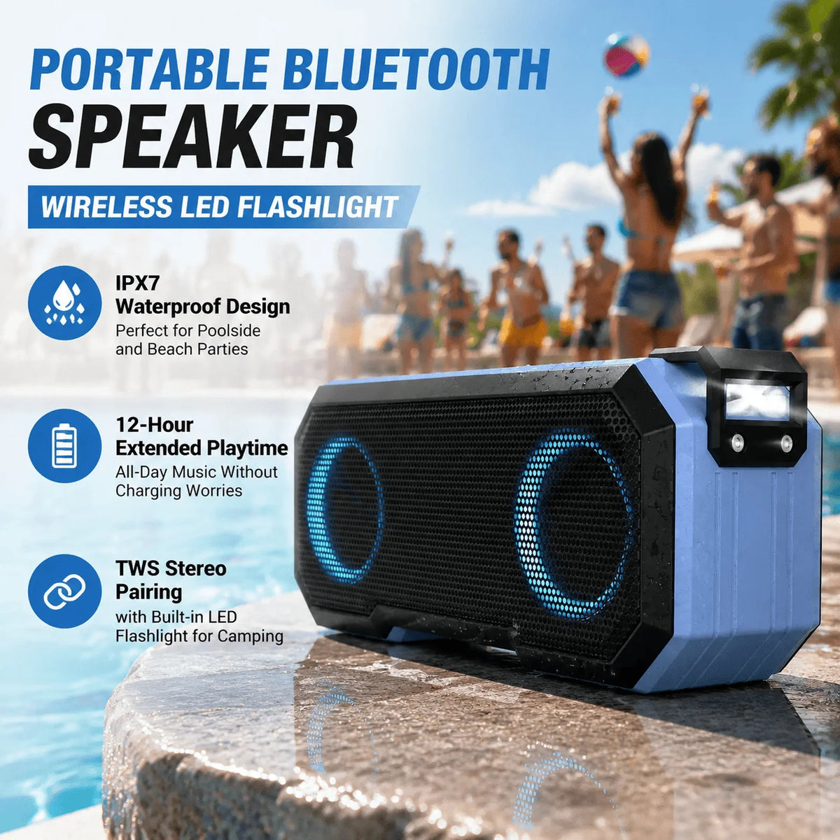 Portable Bluetooth Speaker Wireless LED Flash Light TWS Bass Stereo IPX7 Waterproof Loudspeaker FM Radio 12 Hours Playtime Subwoofer Outdoor Boombox for Pool Beach Party Camping Travel Smartphone Compatible - Boltvibewarehouse