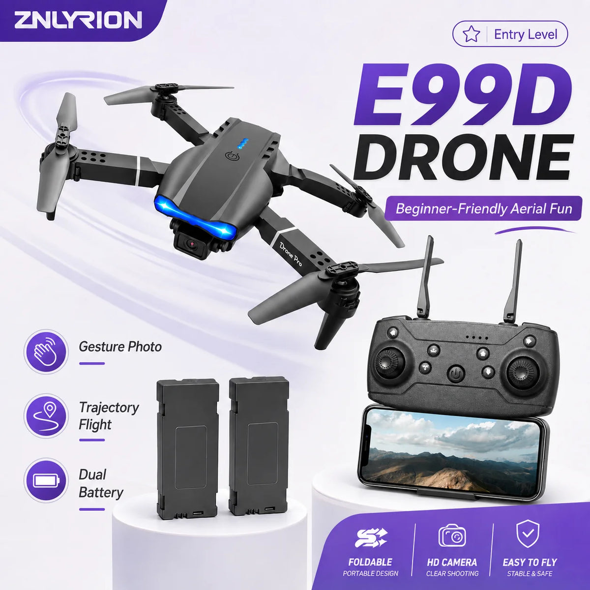 4K HD RC Drone Foldable Dual Camera 90° Adjustable 120° Wide Angle 50X Zoom Altitude Hold 2.4G 100M Remote FPV Quadcopter