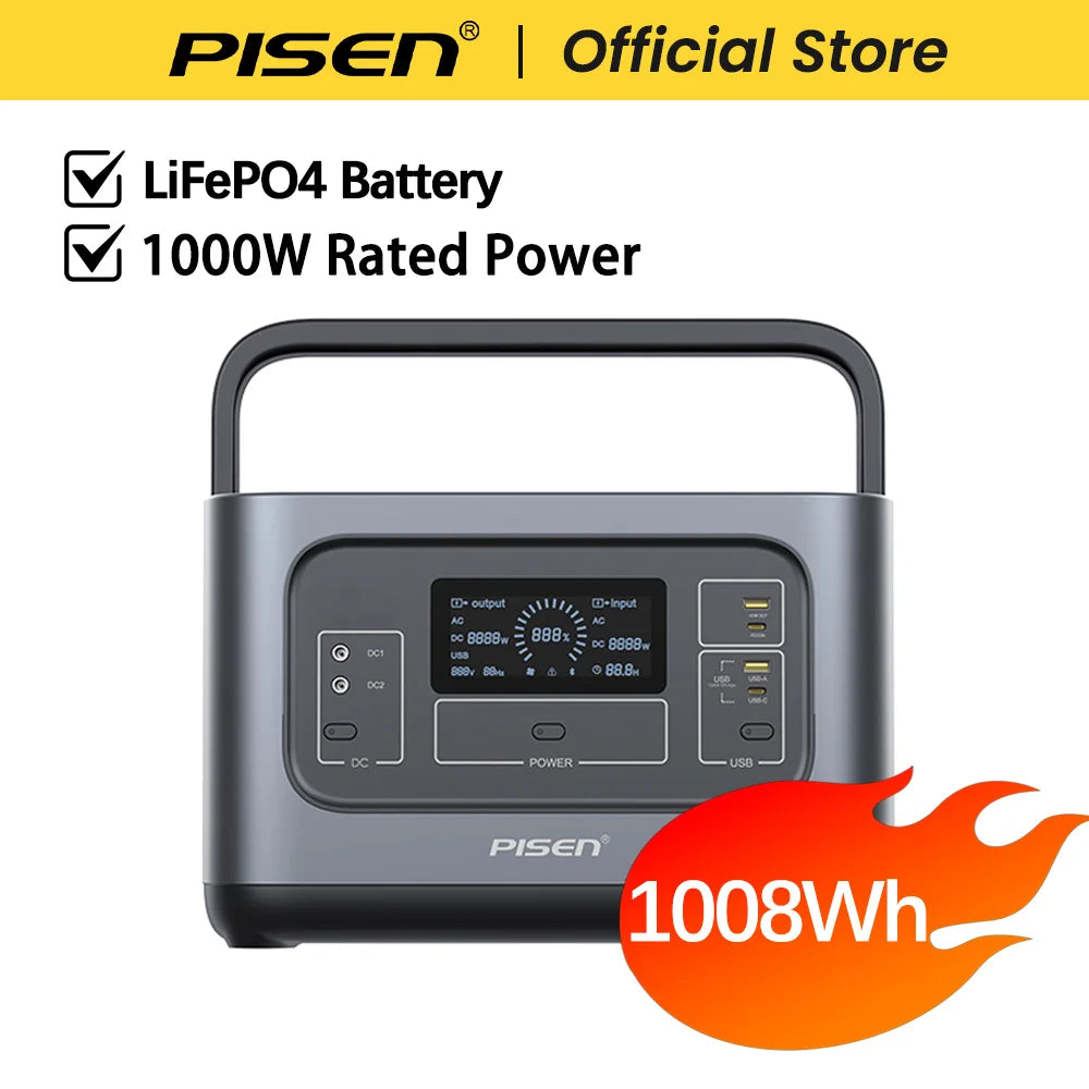 PISEN 1008Wh 1000W (2000W Peak Power) Solar Generator LiFePO4 Battery Portable Power Station for Home Backup, Hurricane Emergency, Outdoor Camping / RV/Garden Party