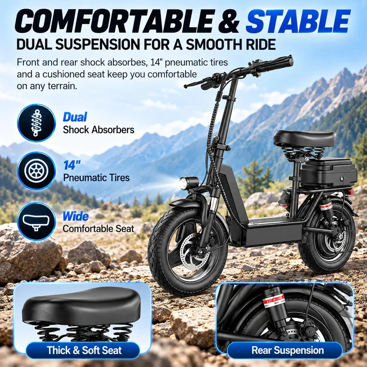 Misodo Electric Scooter with Seat, 1200W Peak Motor, Max 25 MPH Speed, 35 Miles Long Range, 14" Foldable Commuting E-Scooter, Dual Suspension, Rear Storage Box, UL2272 Certified