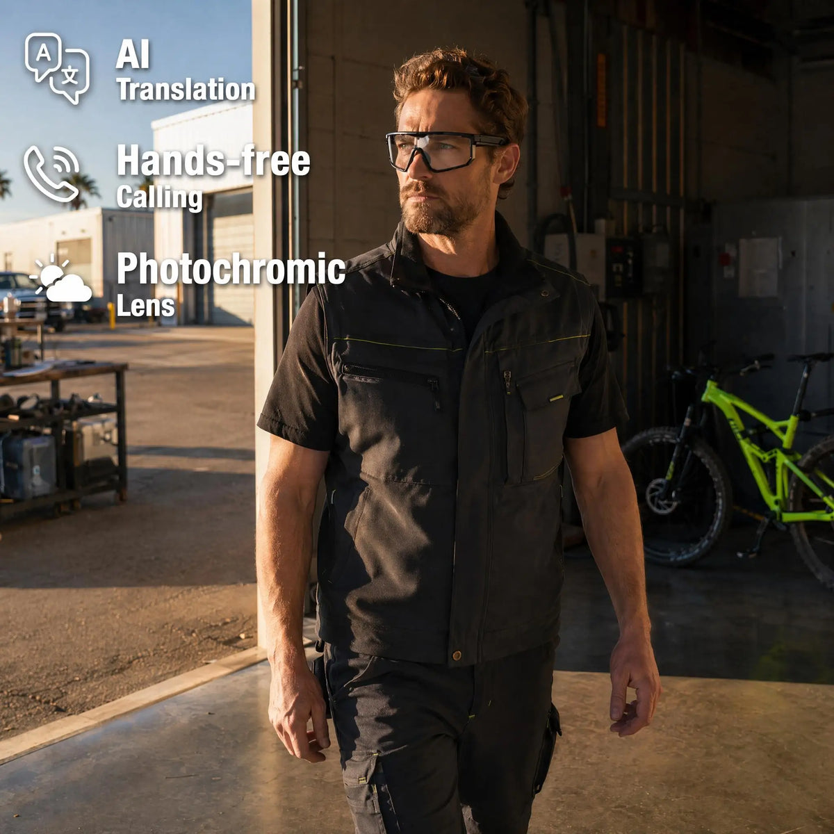SMART PROTECTIVE GLASSES, AI REAL‑TIME TRANSLATION WORK GLASSES SUPPORT 160 LANGUAGES, PHOTOCHROMIC LENSES WITH BUILT‑IN MICROPHONE AND SPEAKER, MUSIC PLAYBACK FOR OUTDOOR SPORTS AND INDOOR WORK DAILY USE