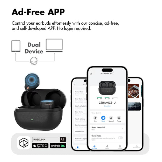 ROSESELSA Ceramics Ultra Wireless Earbuds 50dB Hybrid ANC HiFi Earphones LHDC LDAC 4Mic AI Noise Reduction 40H Battery