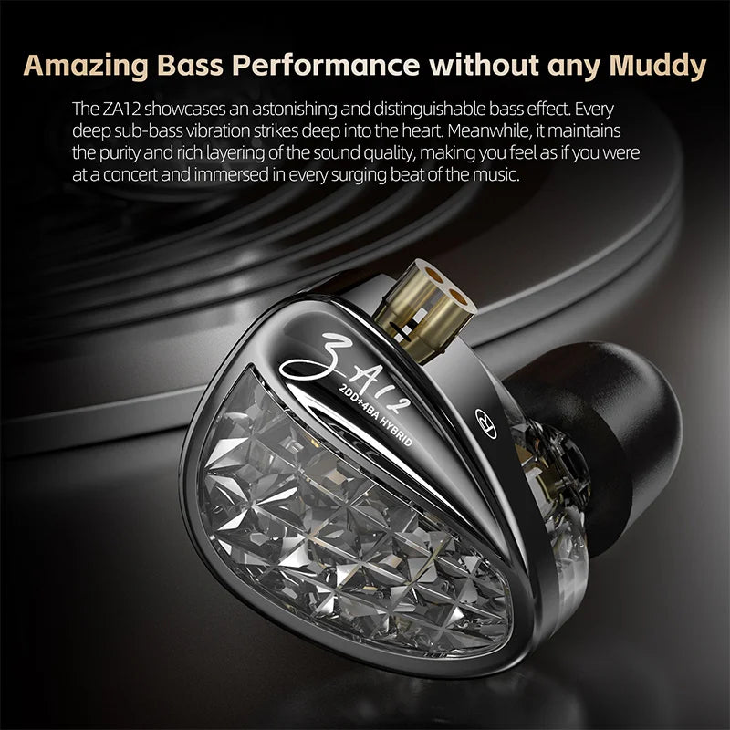 KZ ZA12 In Ear Earphones Wired IEM Headphones 2DD 4BA Hybrid Earbuds With 4 Step Tuning Switch Silver Plated Detachable Cable HiFi Audio For Audiophiles Musicians Gaming