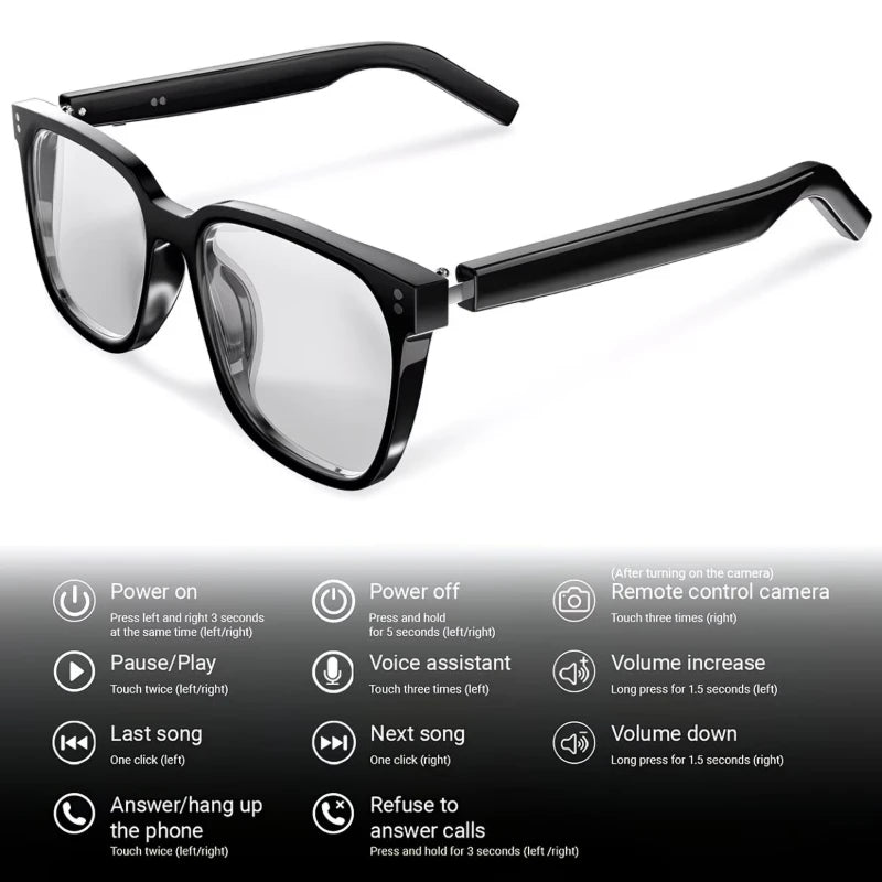 AI smart glasses with built-in translation for over 100 languages; transparent, blue-light-blocking, wireless ; magnetic clip-on ; translation controlled via an app; built-in speakers; 360 ° stereo sound