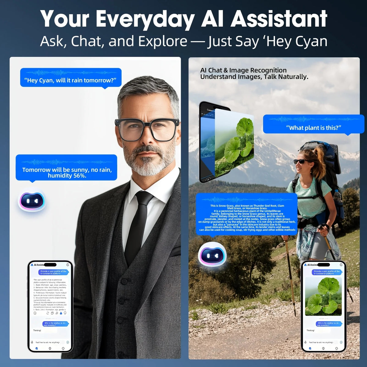 Smart camera glasses, 8-megapixel HD video recording glasses (with audio), Bluetooth-enabled photo-sensitive color-changing lenses, real-time translation, voice assistant, object recognition, and hands-free music and calls.
