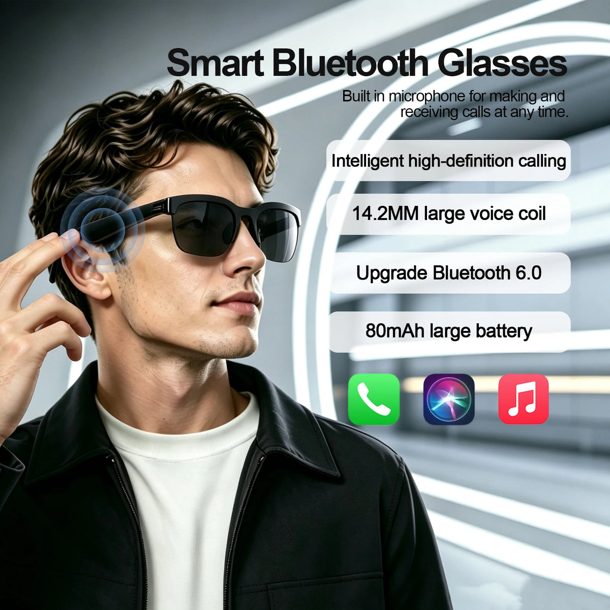 Bluetooth Smart Audio Glasses, Wireless Open-Ear Sunglasses with Built-In Speakers and Microphone, Hands-Free Music & Phone Calls, Portable Sports Eyewear for Running, Cycling, Gym, Cooking, Driving, Travel, Work, iPhone Andr