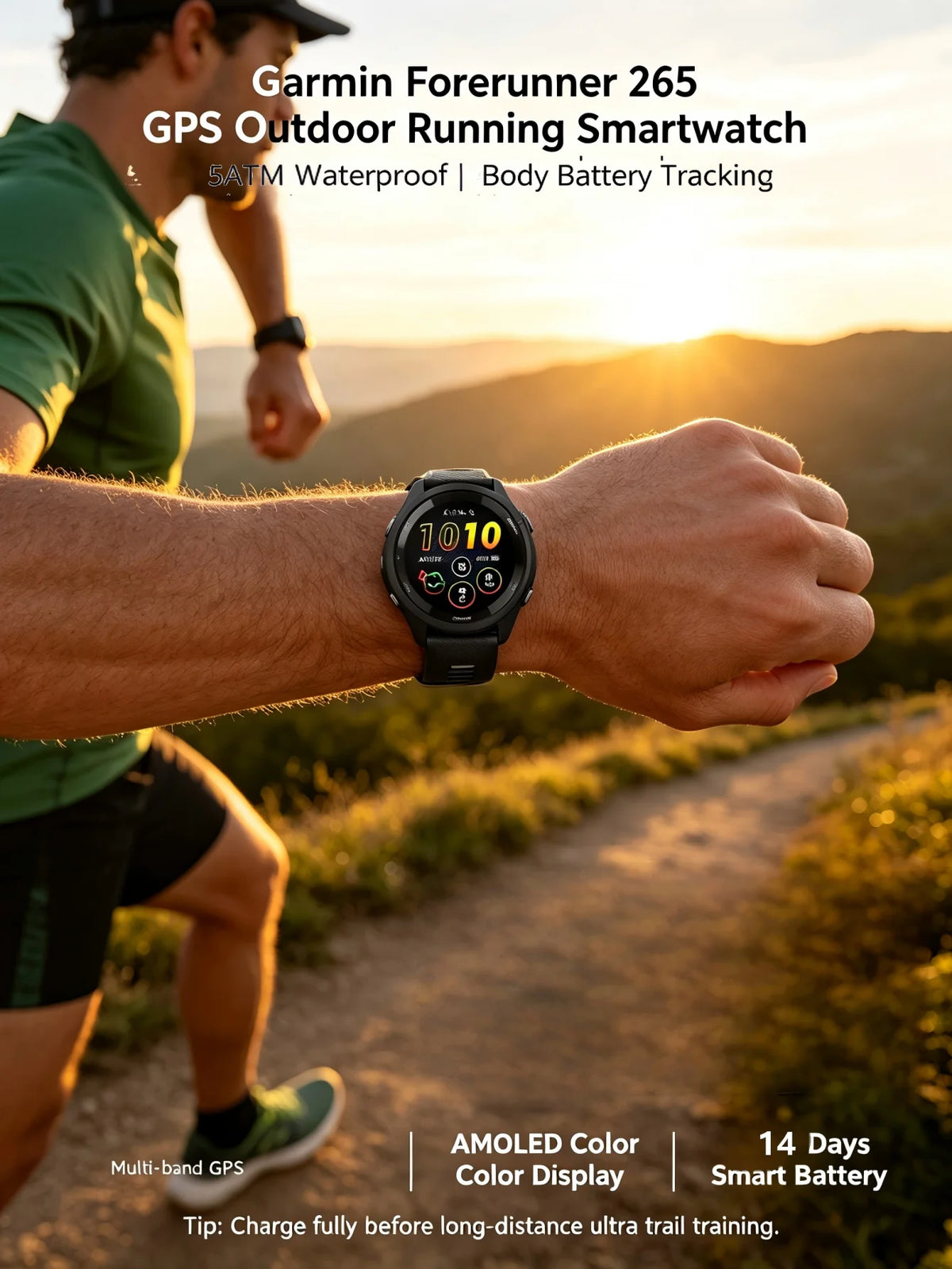 Garmin Forerunner 265 Sports Smartwatch with GPS, 1.3-Inch AMOLED Display, 14-Day Battery, Touchscreen, Training Plans