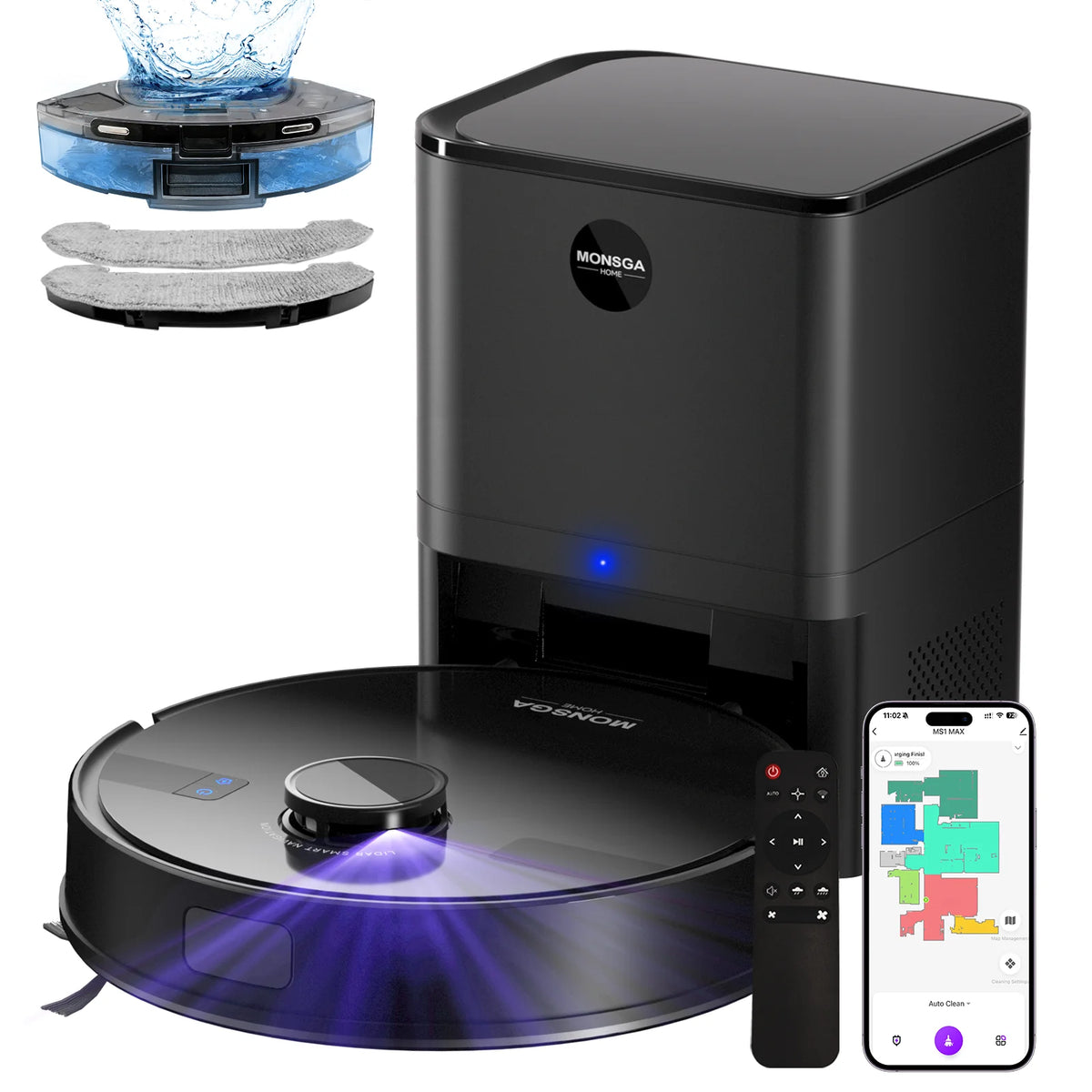 Refurbished MONSGA By Erabros MS1 MAX Robot Vacuum and Mop Combo, 6000Pa Strong Suction, 3.5L Self-Emptying Station, LDS Navigation Smart Mapping, 180 Mins Runtime, App/Voice/Remote Control, for Pet Hair Hard Floors Carpets (
