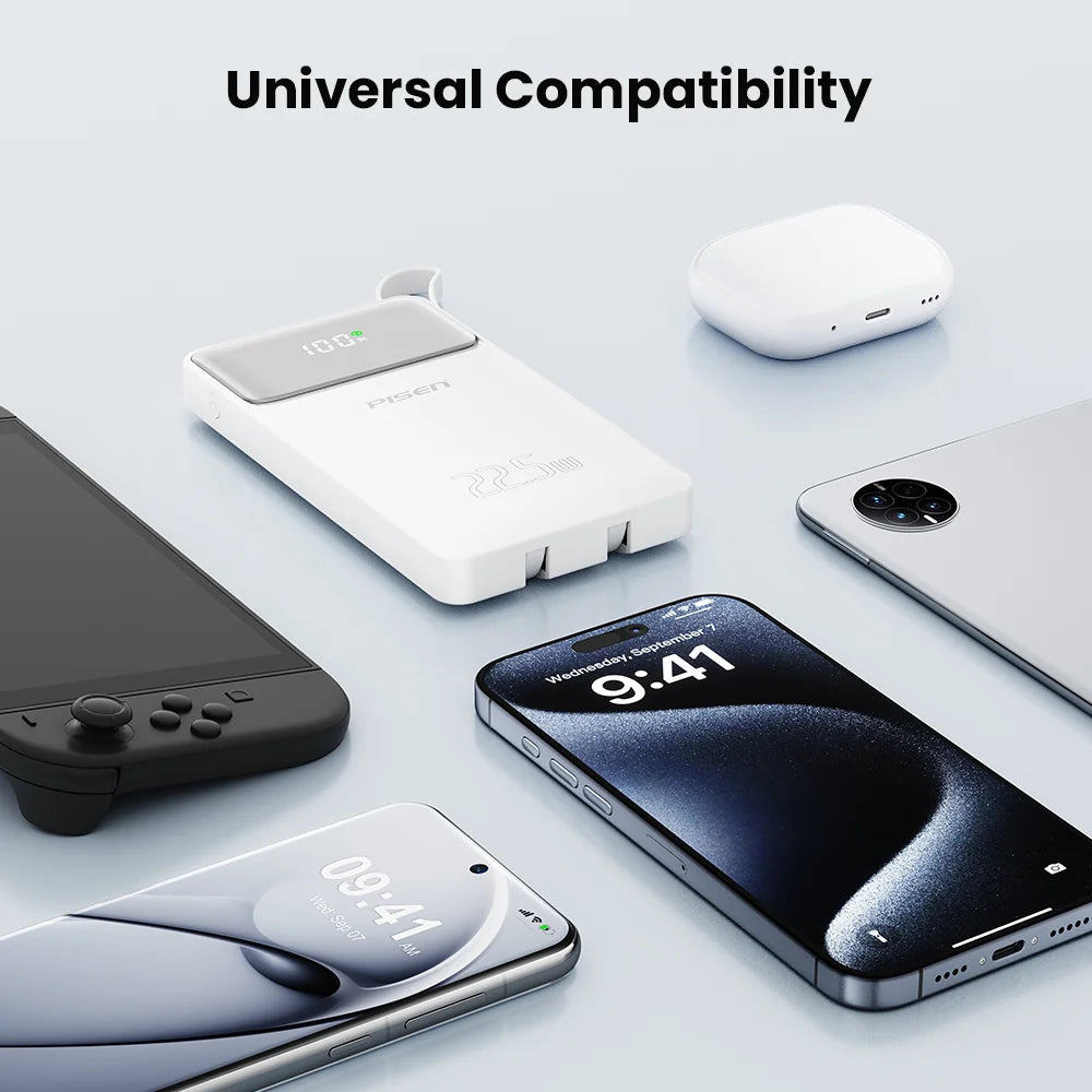 PISEN 22.5W Power Bank 10000mAh With Built-in Type C/L Cables Fast Charging Powerbank LED Display, Portable Charger For iPhone Samsung