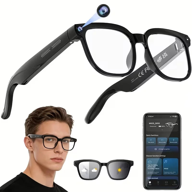 Smart Camera Glasses 8MP HD Video Recording with Audio Bluetooth Photo-Sensitive Color-Changing Lenses Real-Time Translation Voice Assistant Object Recognition Hands-Free Music Calls