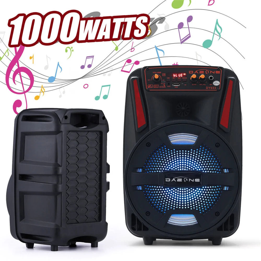 1000W Portable Bluetooth Speaker 8' Subwoofer Heavy Bass Sound System Party With Remote and Mic Led Light DJ Karaoke Speaker - Boltvibewarehouse