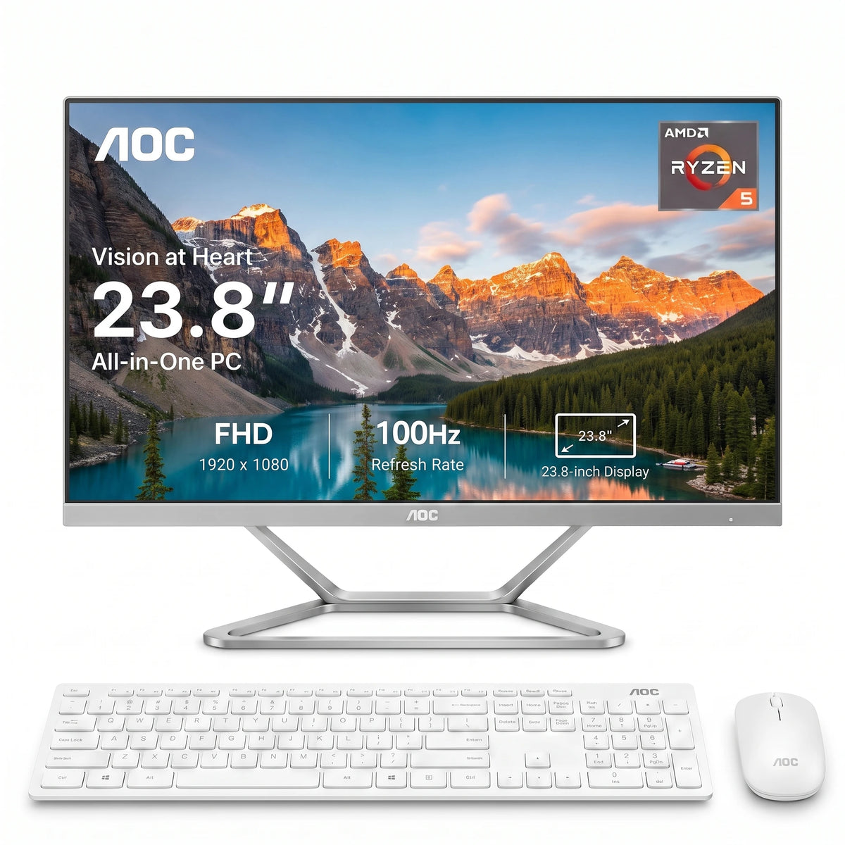 AOC 23.8 Inch All In One PC Desktop Computer, AMD Ryzen 5 3500U Processor, 16GB DDR4 RAM, 512GB SSD, Radeon Vega 8 Graphics, FHD 60Hz Display, Dual Speakers, WiFi, Wireless Keyboard And Mouse Included, Home Office Computer