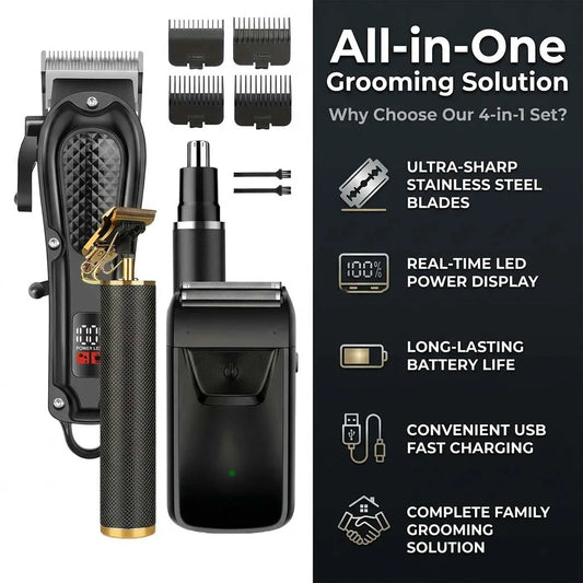 4 in 1 Men's Hair Clipper Set, Cordless Electric Trimmer, Foil Shaver & Nose Trimmer Kit,Beard Cutter, USB Rechargeable Grooming Kit with LED Display, Multiple Guide comb