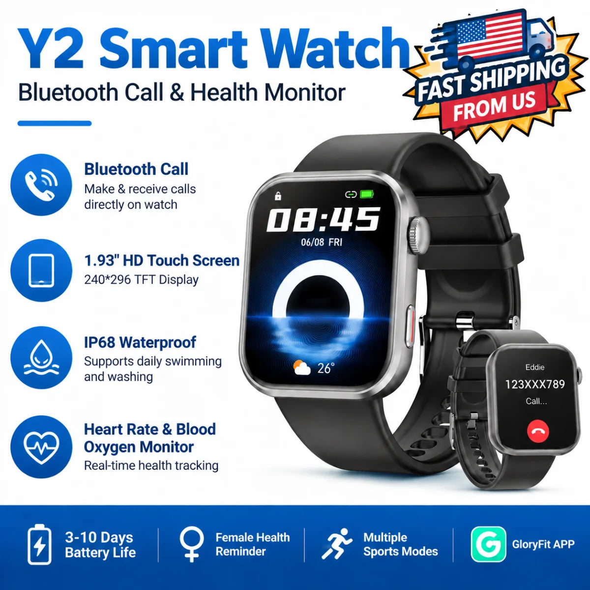 Y2 Smart Watch Bluetooth Call 1.93" HD Touch Screen IP68 Waterproof Heart Rate Blood Oxygen Monitor Fitness Watch For Android IOS