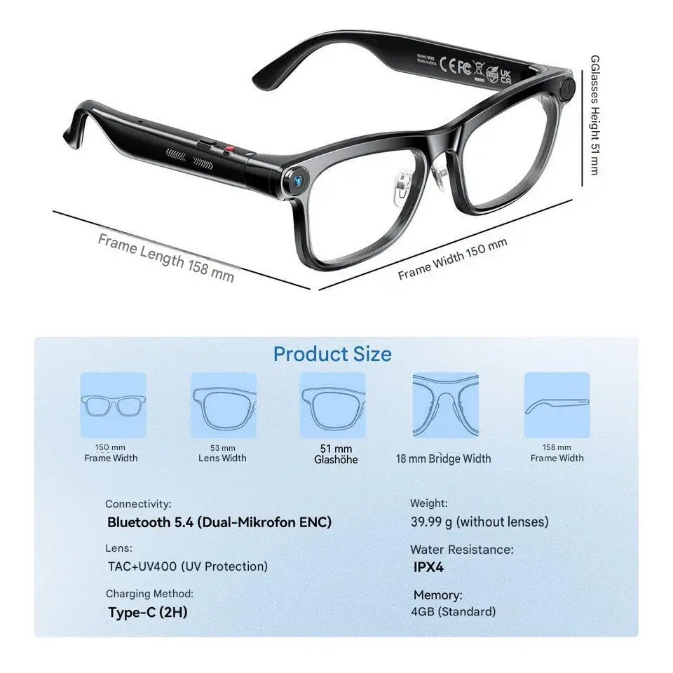 AI Smart Glasses with ChatGPT Real-Time Translation 1300W Camera AI Comic Diary Generator 40g Ultra-Light Long Battery Life