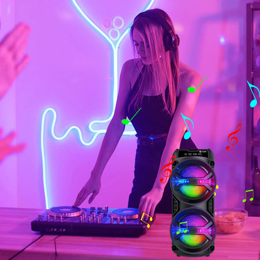 Portable wireless Bluetooth speaker with microphone and multi-mode colorful lights. Supports TF card, USB Type-C port and FM radio. Suitable for parties, outdoor camping, square dancing and other occasions. A lovely gift.