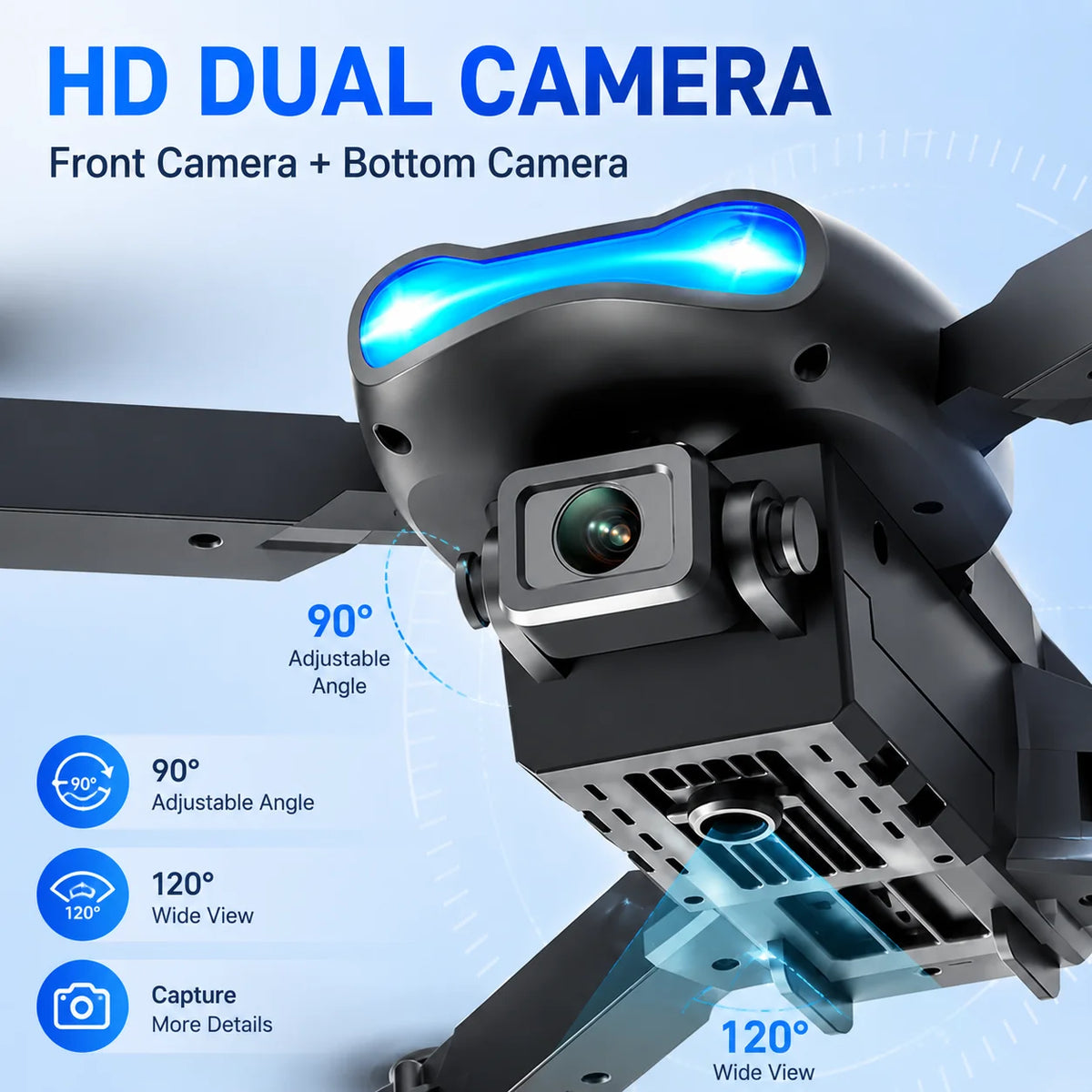 4K HD RC Drone Foldable Dual Camera 90° Adjustable 120° Wide Angle 50X Zoom Altitude Hold 2.4G 100M Remote FPV Quadcopter
