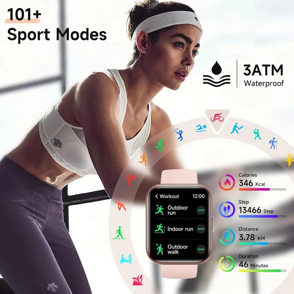 1.8" Touch Screen Fitness Tracker, Women's Smartwatch with Call/Message, HR/Sleep Monitor, Waterproof, Sport Modes, 2 Bands