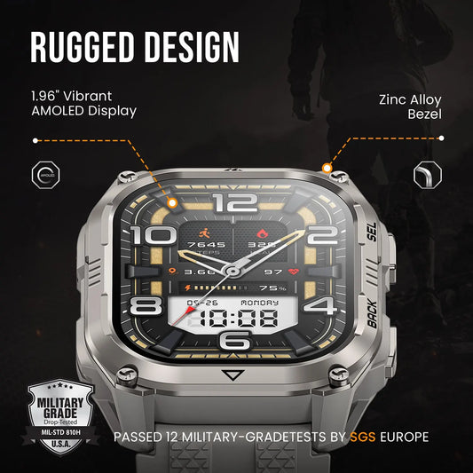 2026 KOSPET PULSE 2 Rugged Military Smartwatch Men Dual Band GPS 6 GNSS AMOLED 1.96" 5ATM IP69 LED Flashlight 170+ Sports