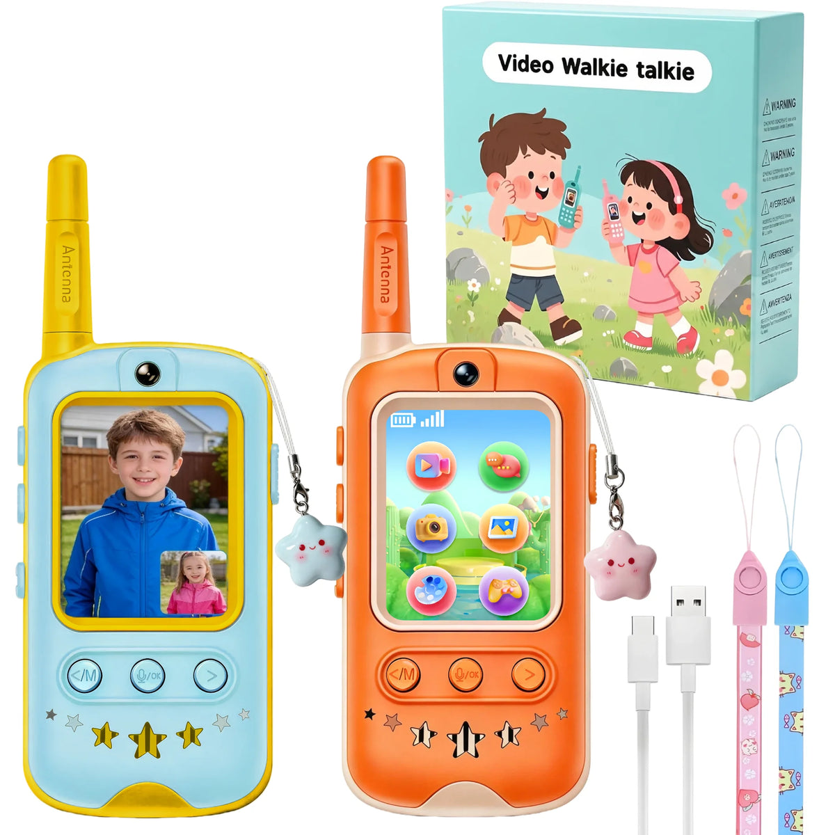Video Walkie Talkie Gift Set 2 Pack HD Video Call Rechargeable Photo Voice Share Long Range No WiFi with Star Charms for Kids Birthday Outdoor Gift