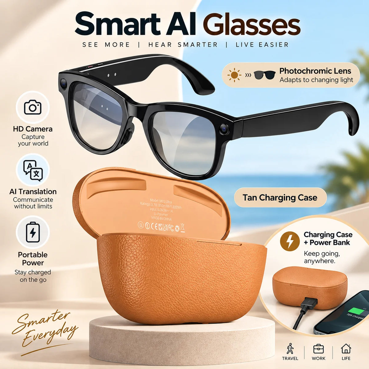 2026 Smart AI Glasses 1080P HD Camera M02 Ultra ChatGPT 3600mAh Charging Case Power Bank 32GB Translation Music Video Sunglasses
