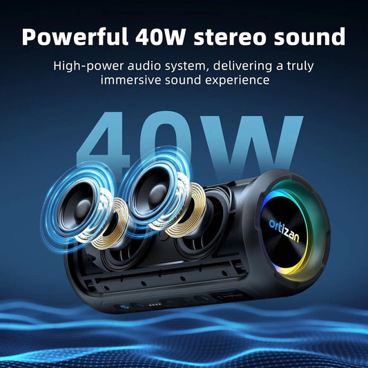 Ortizan Bluetooth Speakers 40W TWS Portable Speaker with Stereo Sound Bass, Bluetooth 5.3 Wireless USB Type C Outdoor, 6600mAh Battery