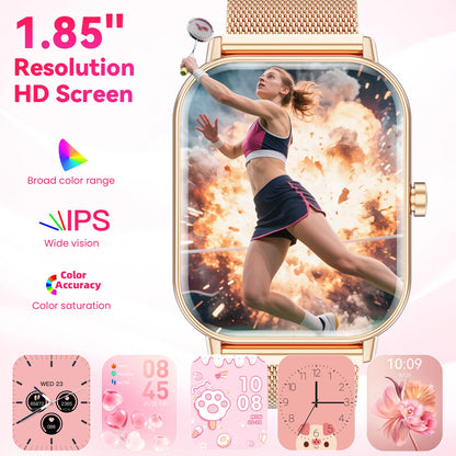 Women Fashion Smart Watch 1.85 Full Screen Bluetooth Calling Smartwatch Sleep Blood Oxygen Monitor Milan Strap Health Fitness