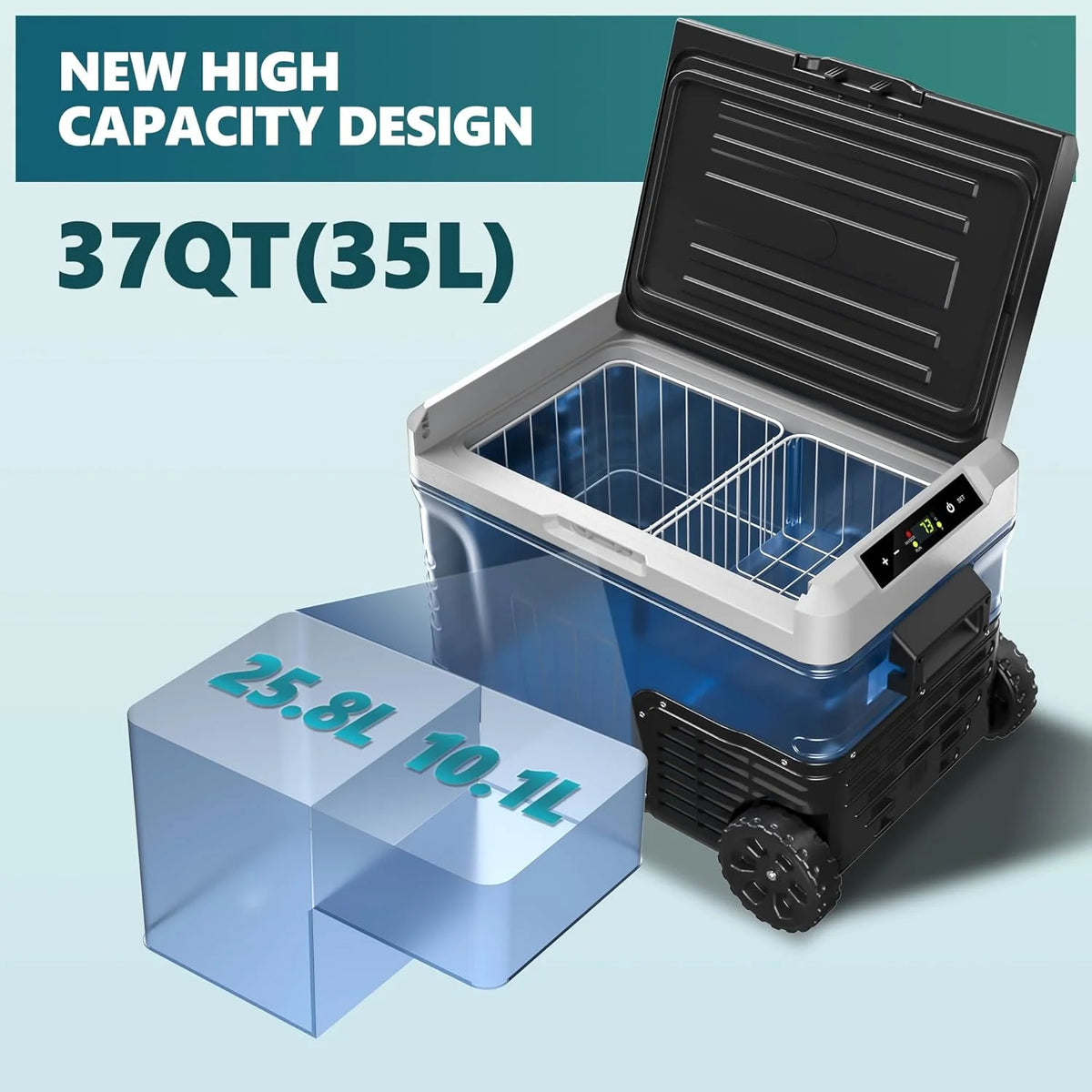 EKOJUCE 12 Volt Refrigerator, 37QT Electric Cooler, Portable Freezer With Wheels & 2 Baskets For Travel, Truck, Boat, Camping