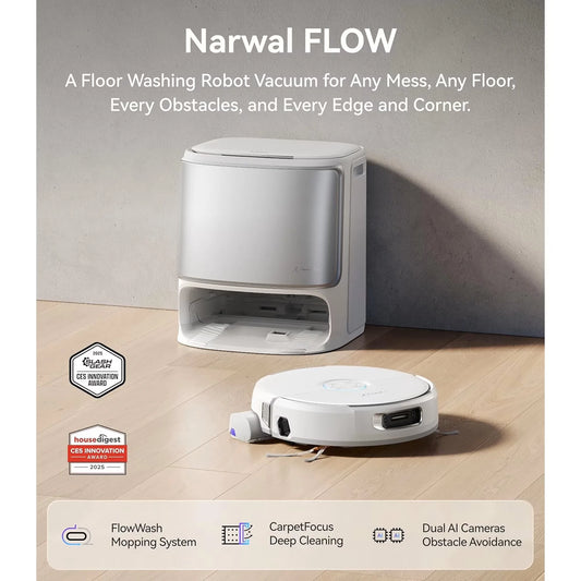 NARWAL Flow Robot Vacuum and Mop Combo, FlowWash Real-Time Self-Cleaning Track Mop, 22,000 Pa Suction, Dual-Camera AI Obstacle Avoidance, Carpet & Edge Cleaning, Self-Emptying Robot Vacuum,White