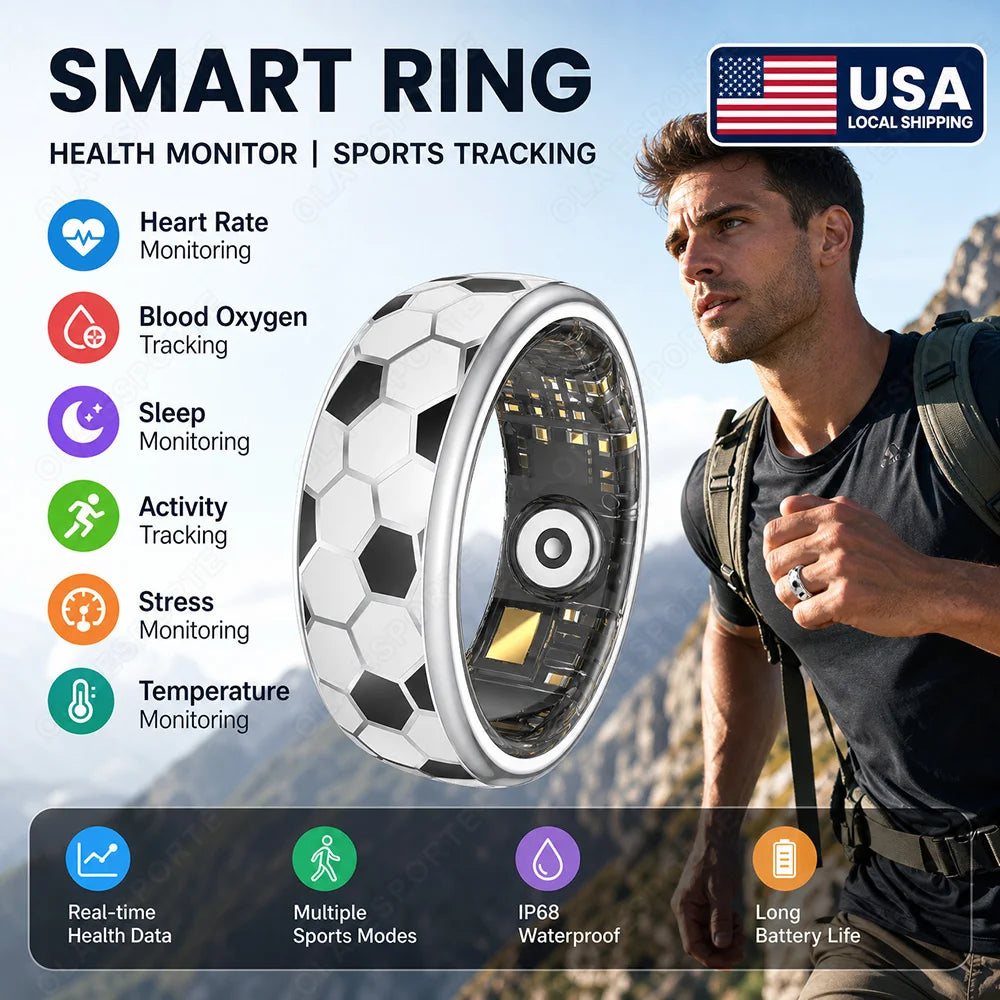 2026 New Smart Ring Information Vibration Reminder Heart Rate Blood Pressure, Blood Oxygen, Health Monitoring Sleep Monitoring For Men Women Football Style SmartRing Waterproof Ring SY15