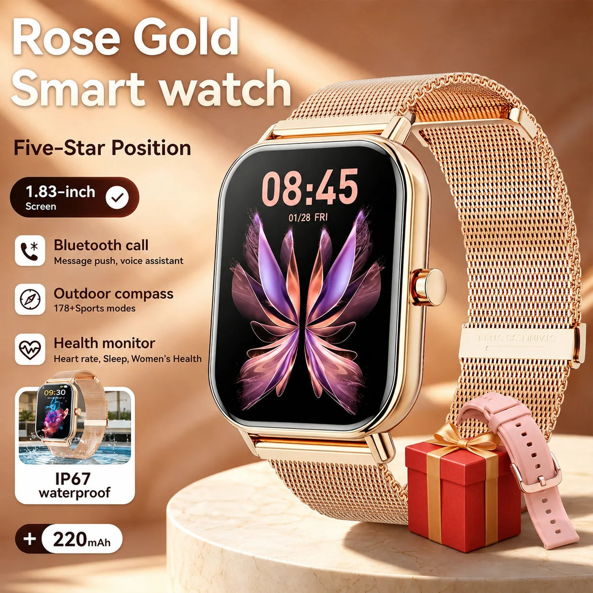 Women Fashion Smart Watch 1.85 Full Screen Bluetooth Calling Smartwatch Sleep Blood Oxygen Monitor Milan Strap Health Fitness