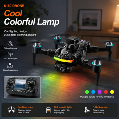 ZNLYRION S160 Foldable Brushless Drone with Screen Remote 360° Obstacle Avoidance EIS Dual Camera Optical Flow Positioning RGB LED Light RC Quadcopter