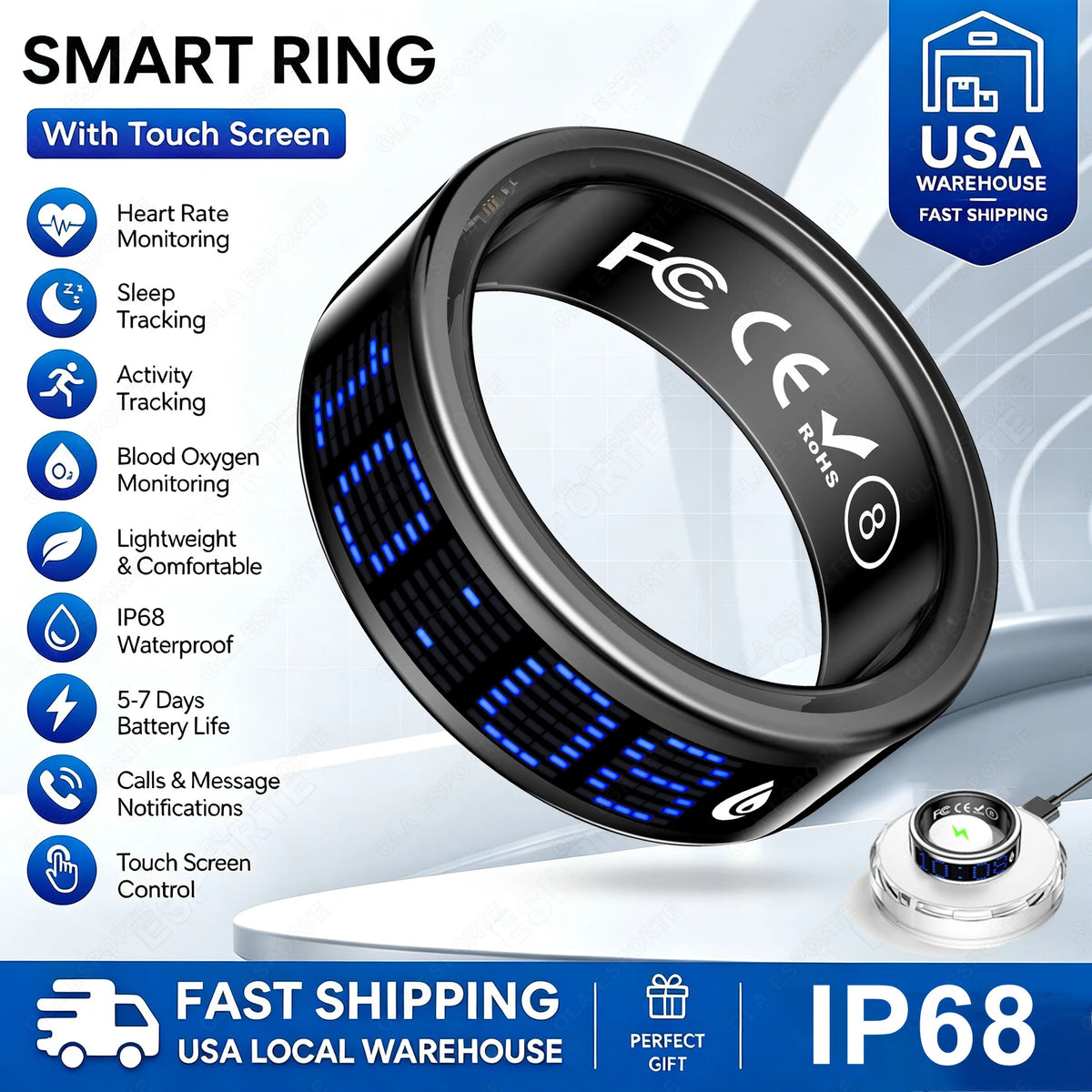 2026 Smart Ring with Display Screen and Touch Wireless Charging Case Heart Rate Health Manager 5ATM Waterproof For Men Women R12 R13 Ring For Men Women