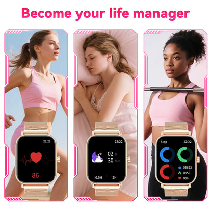 Women Fashion Smart Watch 1.85 Full Screen Bluetooth Calling Smartwatch Sleep Blood Oxygen Monitor Milan Strap Health Fitness