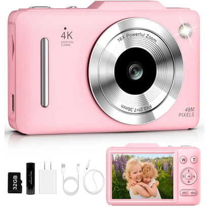 4K Digital Camera For Teen Students, 48MP Compact Photo Video Camcorder With 16X Digital Zoom, Portable Point‑and‑Shoot Camera With 32GB Card For Travel Daily Self‑Shooting