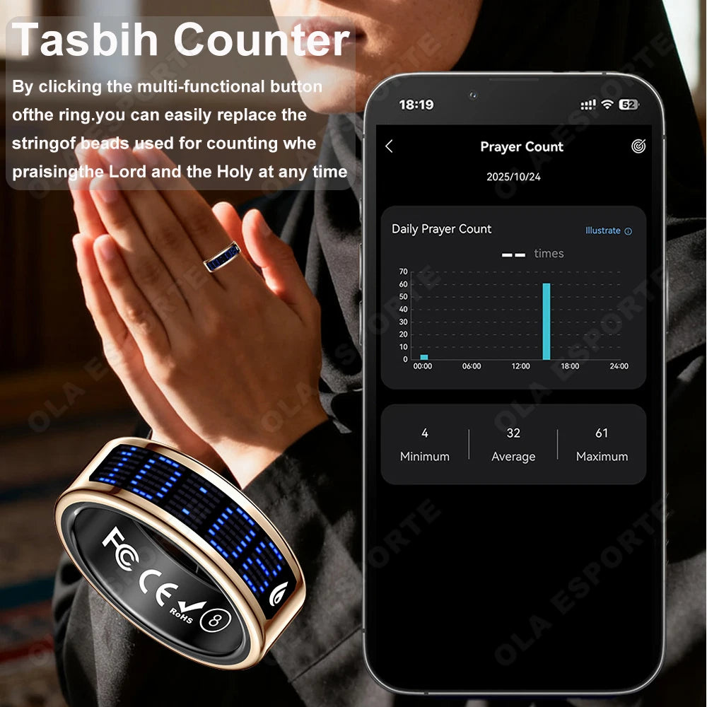 2026 Smart Ring Tasbih Counter Dynamic Display Screen Heart Rate Blood Oxygen Monitor 5ATM Waterproof Multi Sports Modes Gifts