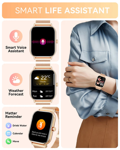 Women Fashion Smart Watch 1.85 Full Screen Bluetooth Calling Smartwatch Sleep Blood Oxygen Monitor Milan Strap Health Fitness