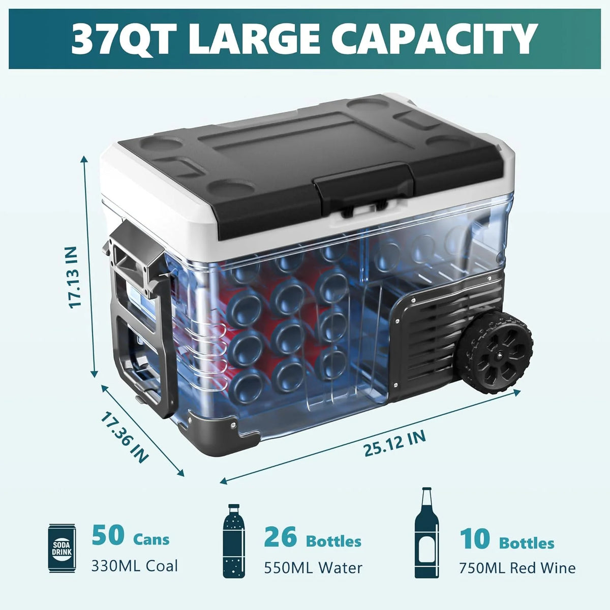 EKOJUCE 12 Volt Refrigerator, 37QT Electric Cooler, Portable Freezer With Wheels & 2 Baskets For Travel, Truck, Boat, Camping