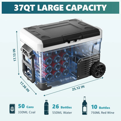 EKOJUCE 12 Volt Refrigerator, 37QT Electric Cooler, Portable Freezer With Wheels & 2 Baskets For Travel, Truck, Boat, Camping