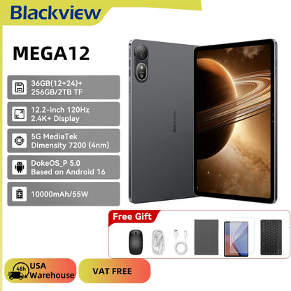 Blackview MEGA 12 Tablet Android 16 5G 12.2" 2.4K 120Hz Display Dimensity 7200 CPU IP69K Waterproof 50MP Cameras 10000mAh Pad PC