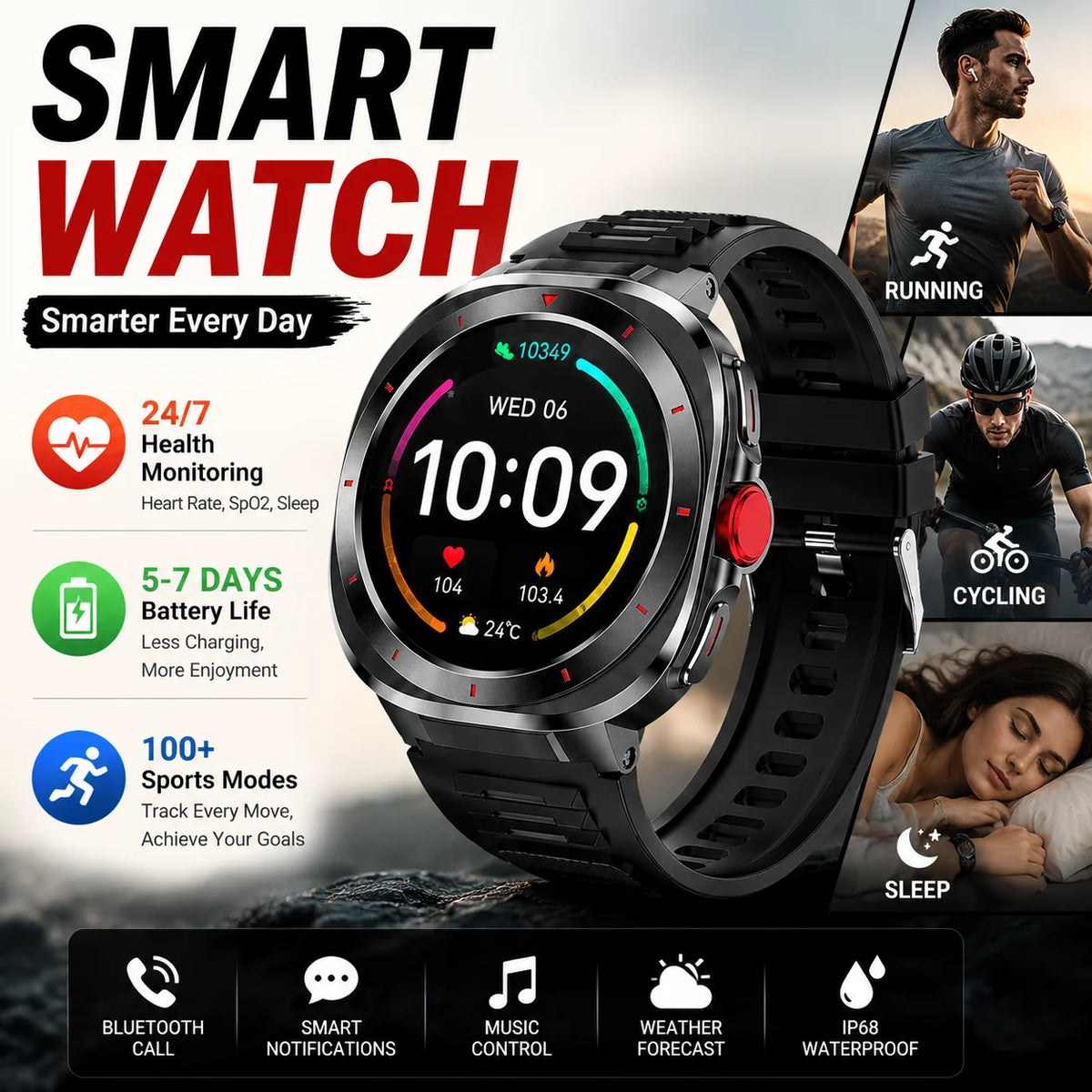 Smart Watch for Men Women Fitness Tracker, Bluetooth Call Smartwatch with Heart Rate & SpO2 Monitor, Sleep Tracker, 100+ Sports Modes, IP68 Waterproof, Long Battery Life Activity Tracker