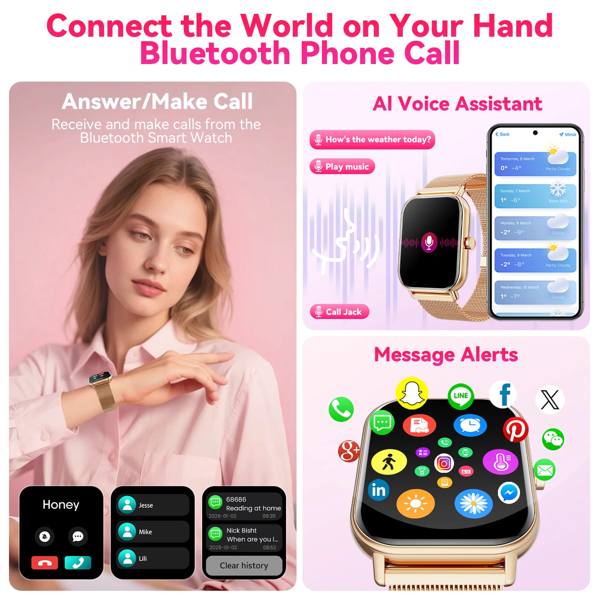 Women Fashion Smart Watch 1.85 Full Screen Bluetooth Calling Smartwatch Sleep Blood Oxygen Monitor Milan Strap Health Fitness