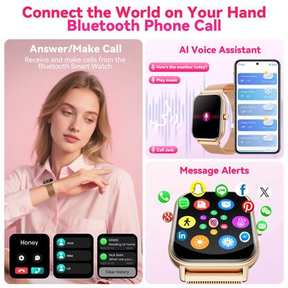 Women Fashion Smart Watch 1.85 Full Screen Bluetooth Calling Smartwatch Sleep Blood Oxygen Monitor Milan Strap Health Fitness
