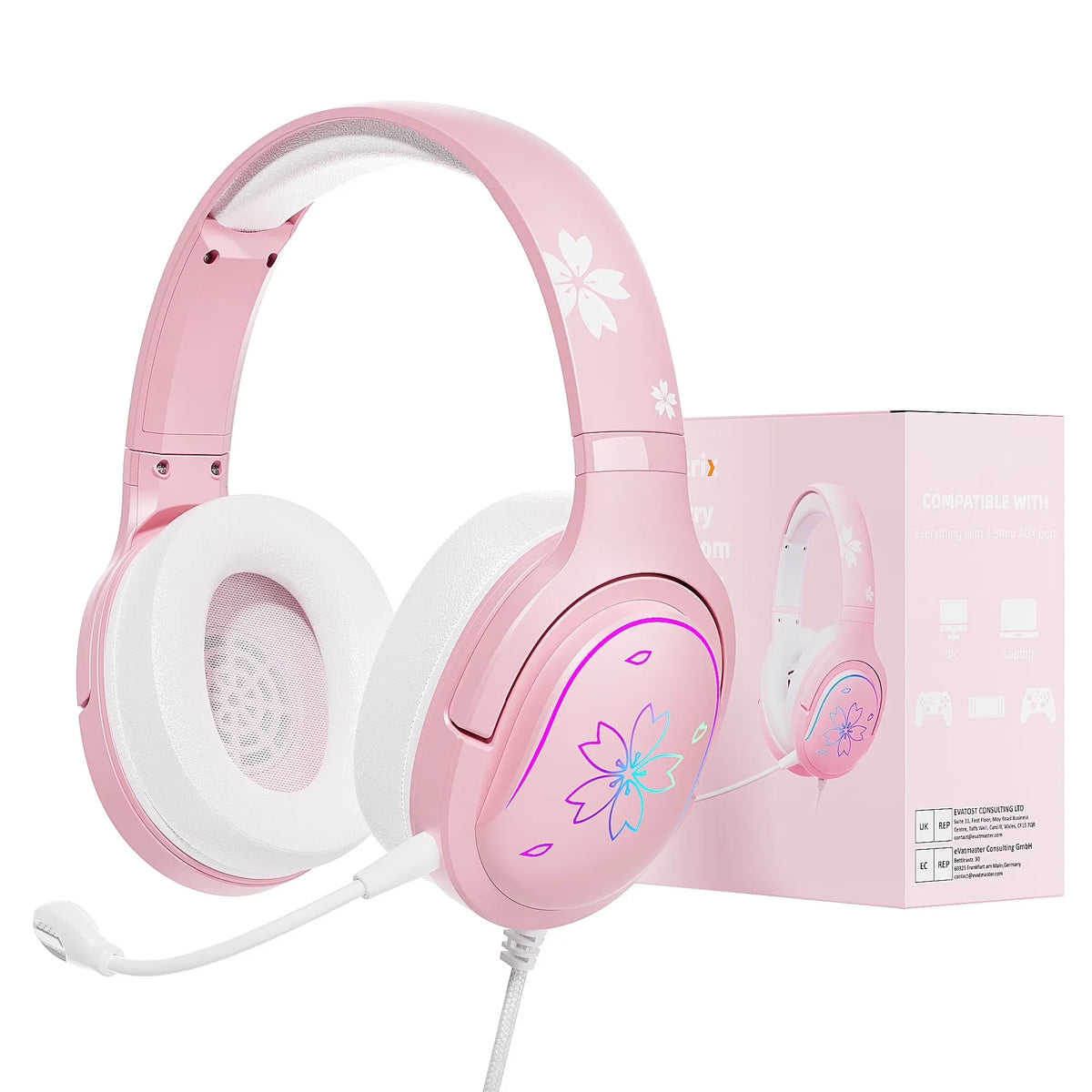 Cherry Blossom Stereo Gaming Headset for PS4/PS5/Xbox/PC/Mac/Switch, RGB Gradient Light Wired Gaming Headphones with Mic, Surround Sound Bass, Soft Memory Earmuffs for Kids & Girls/Women