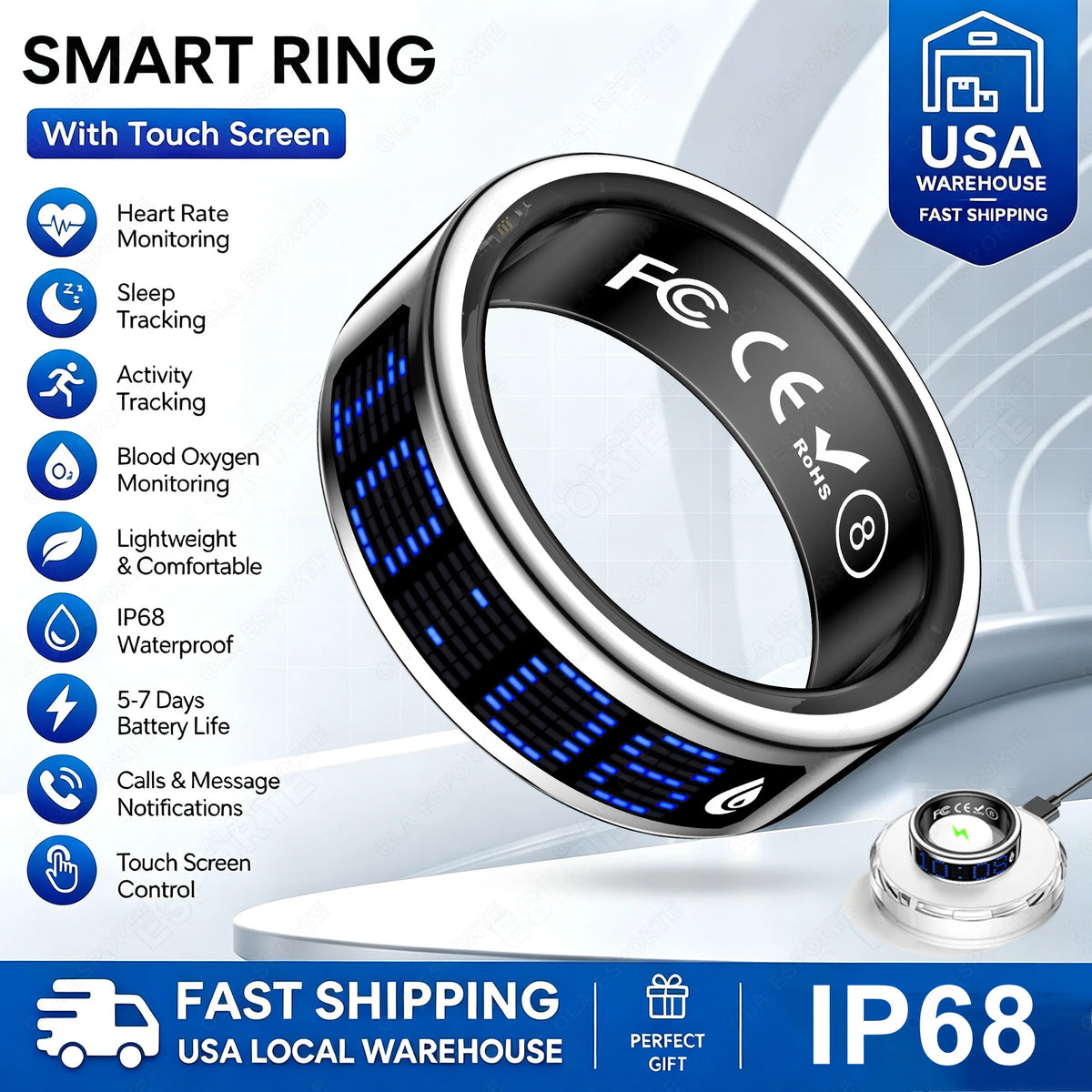 2026 Smart Ring with Display Screen and Touch Wireless Charging Case Heart Rate Health Manager 5ATM Waterproof For Men Women R12 R13 Ring For Men Women