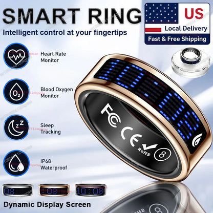 2026 Upgraded Smart Ring Men Women, Dynamic Display Screen, Health Monitoring Ring, Call Reminder, Gesture Swipe Video, Multi Sport Mode Fitness Tracker Rings IP68 Waterproof Free Shipping USA Local